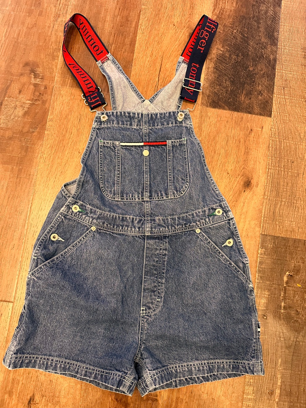 Tommy Hilfiger Y2K  Blue Denim Shortalls with Red Branded Straps size medium